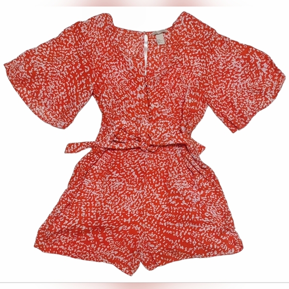 H&M Women's US 10 Large Orange White Cheetah Print Button Up Romper w/ Waist Tie - Picture 2 of 16
